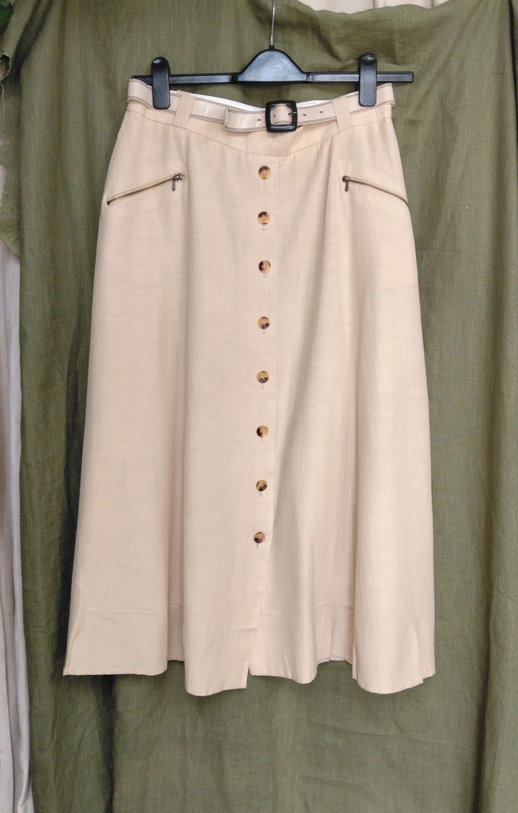 Vintage 80’s Ravens Classic beige linen polyester mix A-line midi skirt size 16