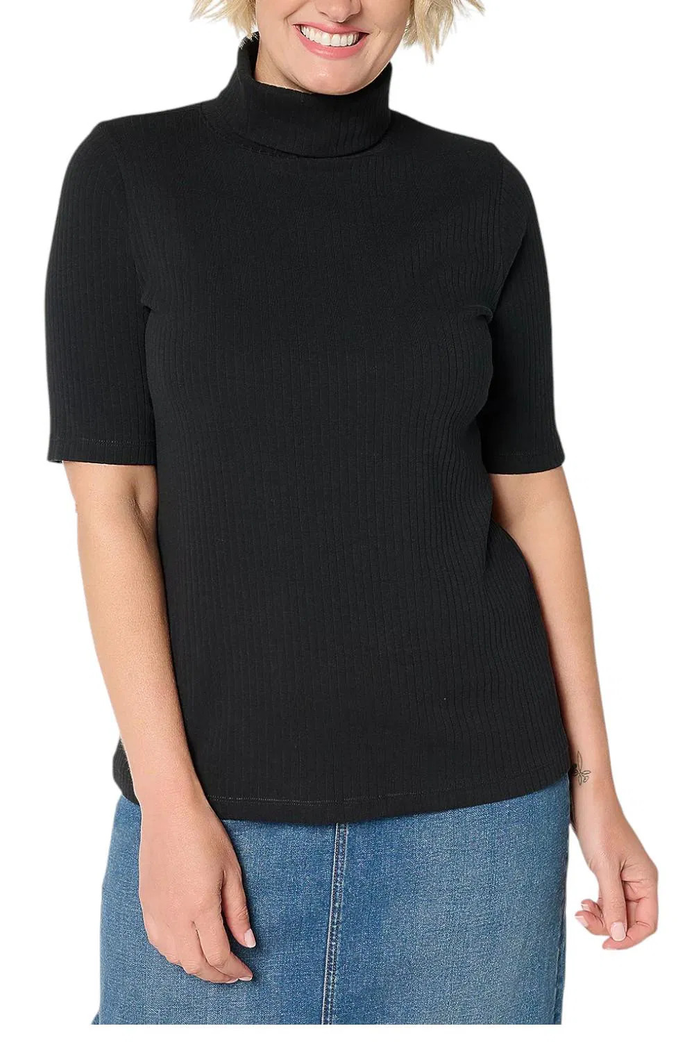 Denim & Co. Women’s Essentials Ribbed Elbow Sleeve Turtleneck Top Blk