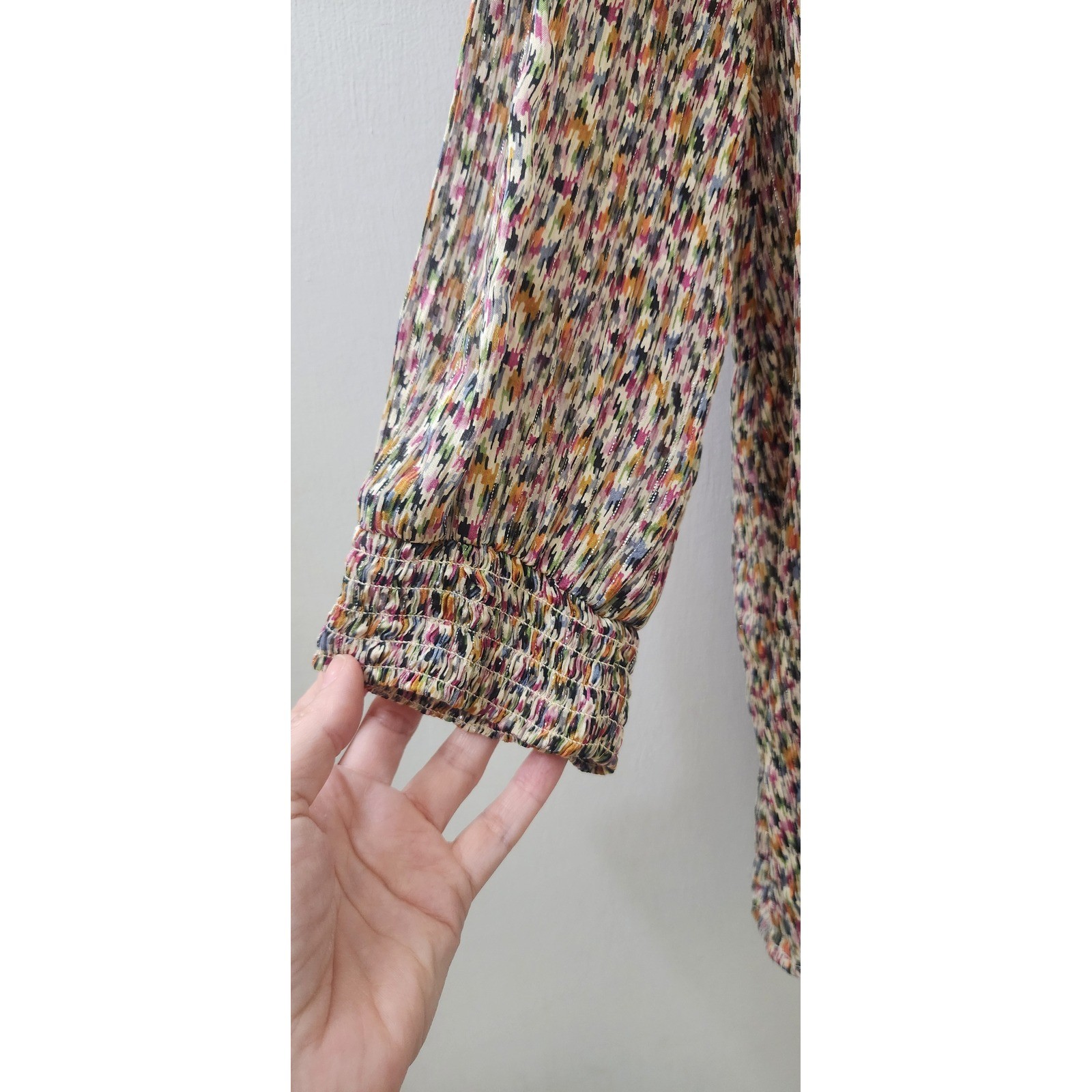 ba&sh Lady Top Multi Color Abstract Pleated Ruffle Neck Blouse Size 1 Small