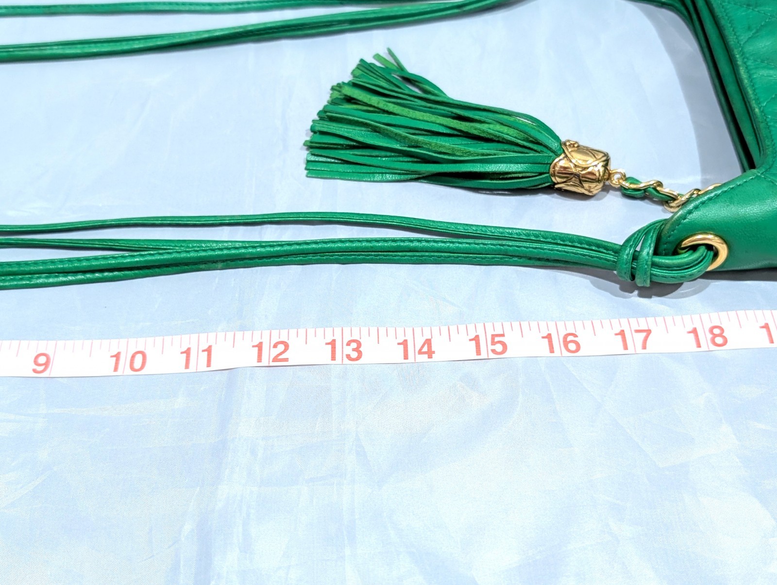 CHANEL CC Logo Fringe Charm Mini Shoulder Bag Lamb Leather Green VTG JPN