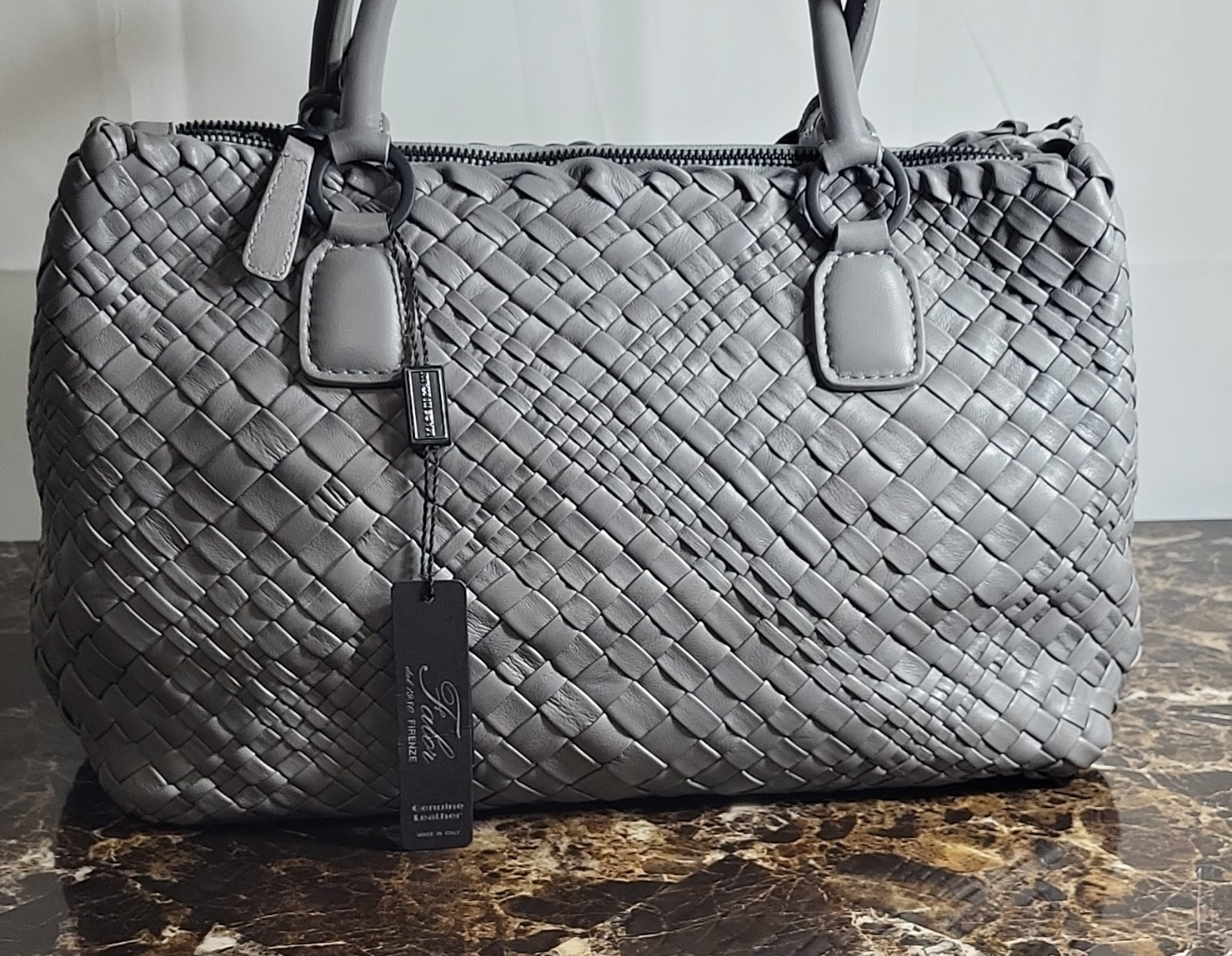 Falor Gray Woven Shoulder Bag, Zip Closure, Double Handles, Handmade Italy