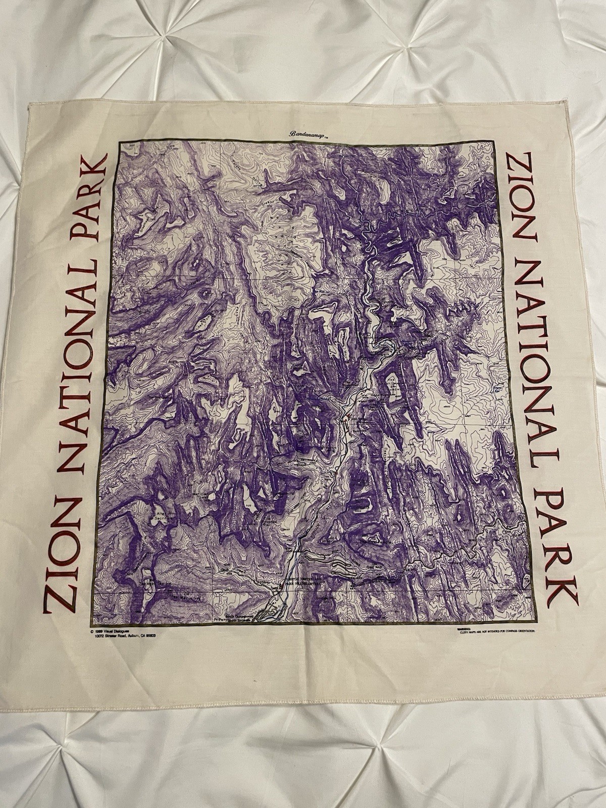 VINTAGE BandanaMap Zion National Park 21″ x 22″ Topographical Map Purple & Beige
