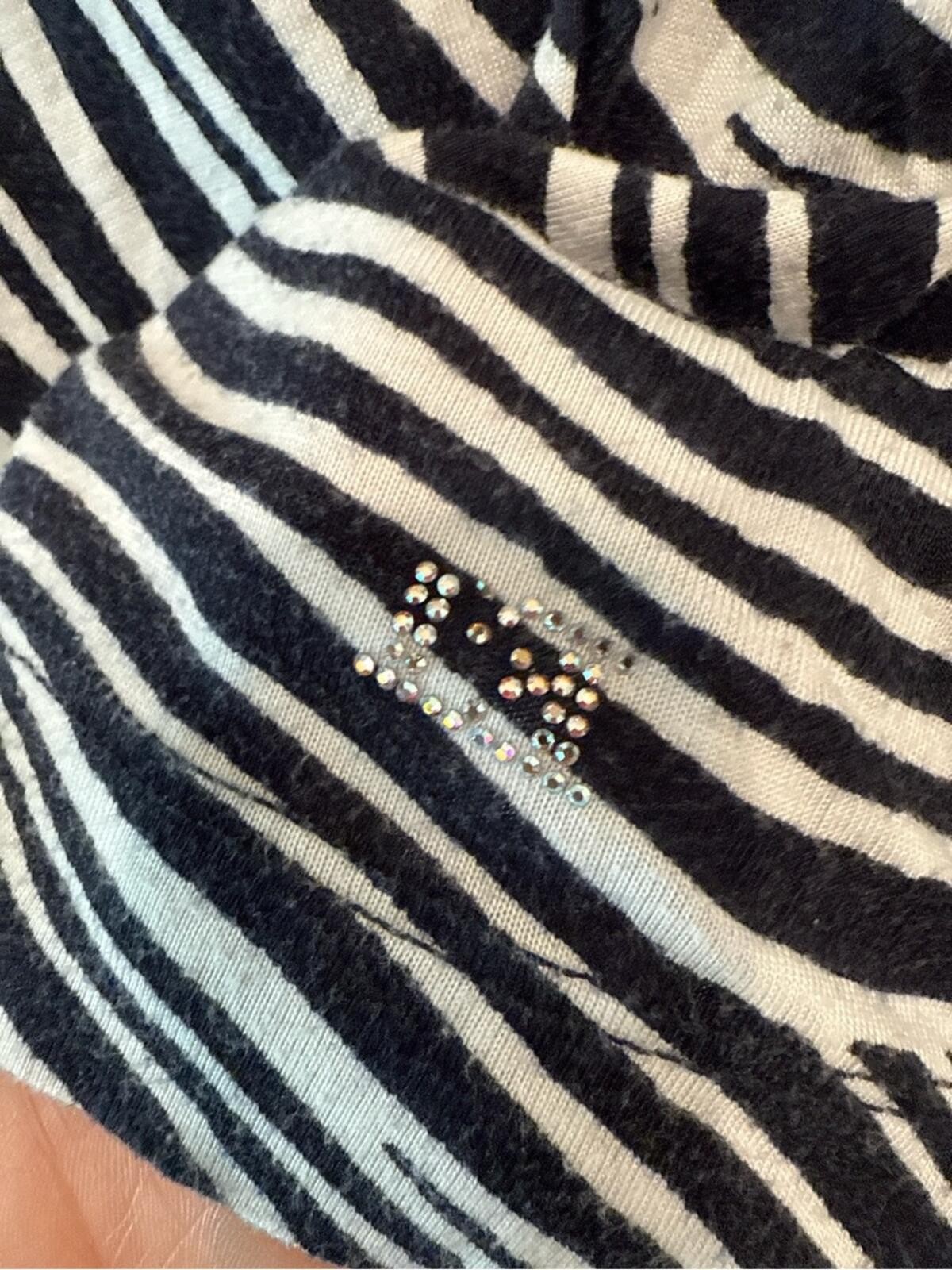 Escada Sport Zebra Print Beaded Neckline Top Small Navy White 3/4 Sleeve