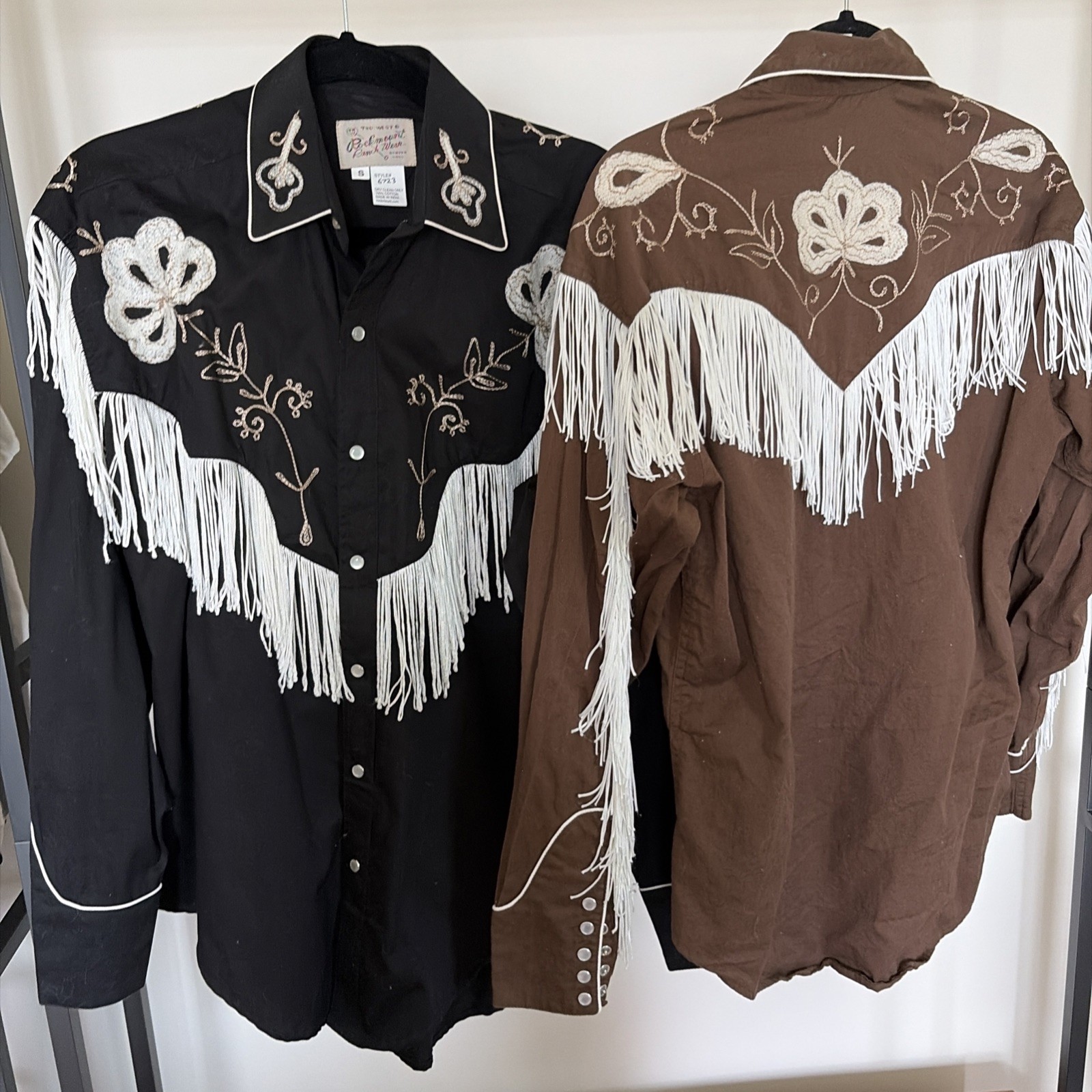 2 Tru-West Rockmount Ranch Wear Brown Black Long Sleeve Snap Fringed Mens Small