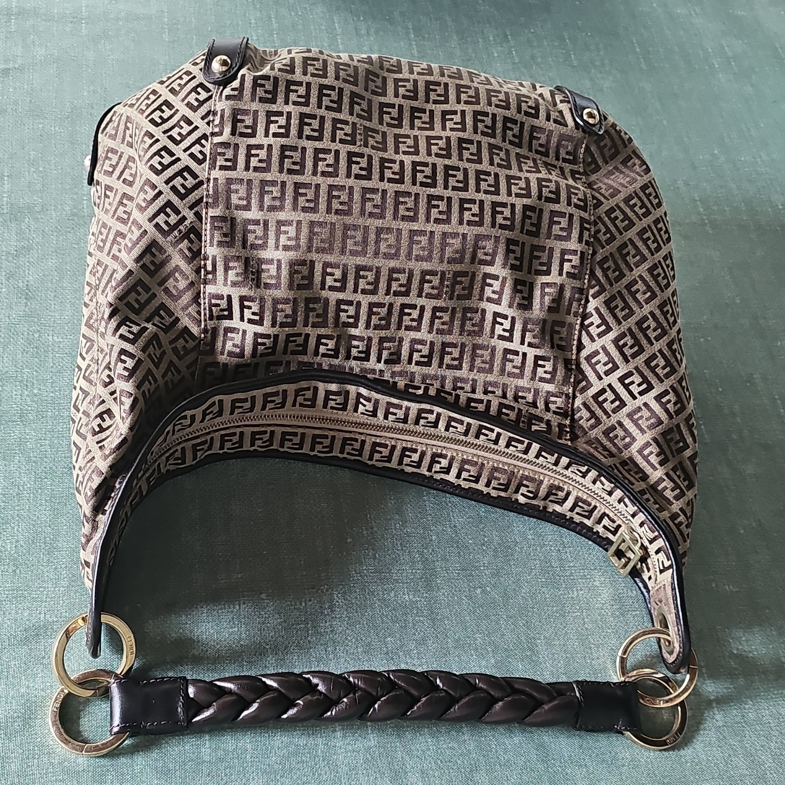 Fendi Zucca FF Logo Shoulder Bag, Zip Closure, Braided Strap, Gold Hardware