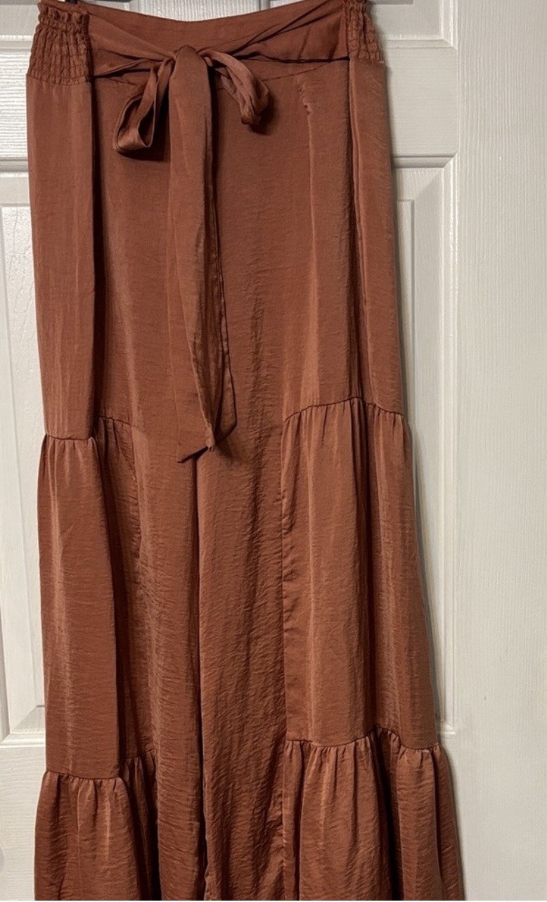 ee:some Women’s Boho Brown Solid Wide-Leg Pants Smocked Tie Ruffle 31″