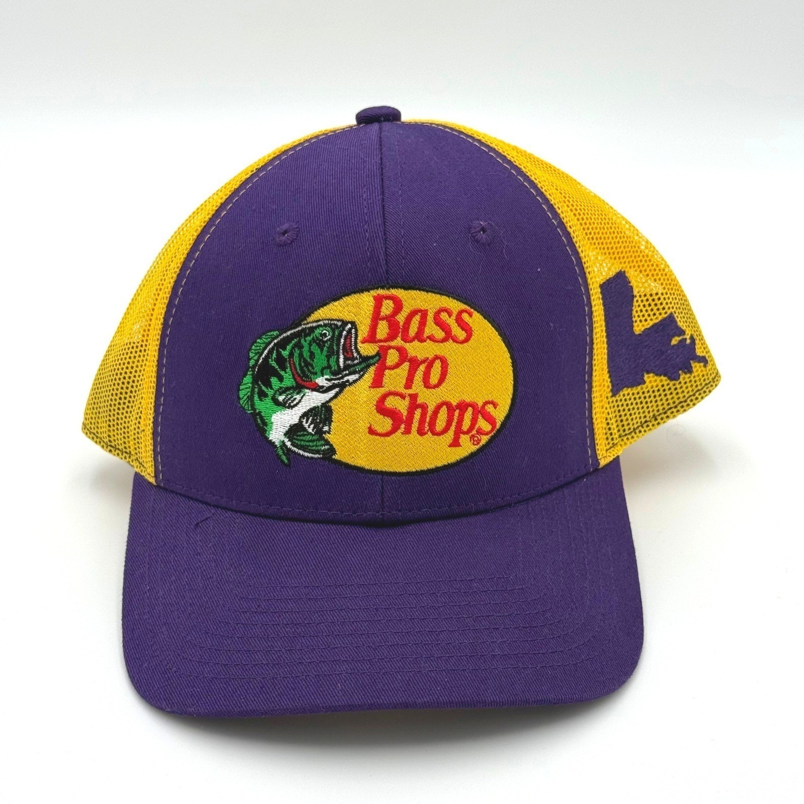 Bass Pro Shops Louisiana State Trucker Hat Purple Yellow Mesh Snapback Cap LSU