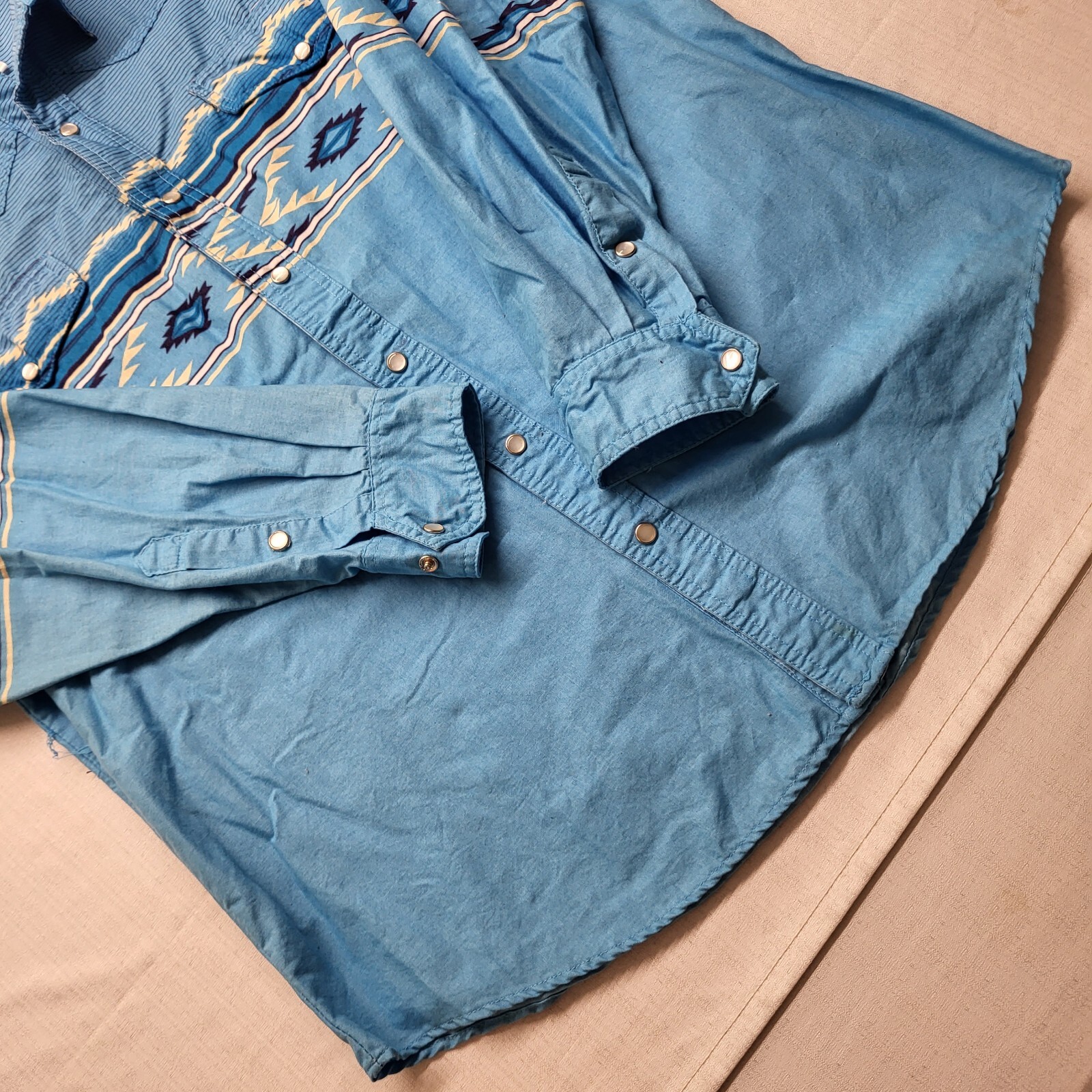 VTG Express Rider Pearl Snap Shirt Mens Large Blue Aztec 90s Western USA Cowboy