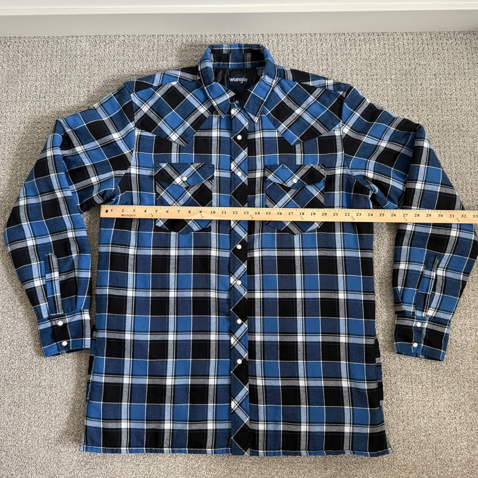 Wrangler Quilted Lined Flannel Shirt Jacket Western Pearl Snap Blue Plaid XLT