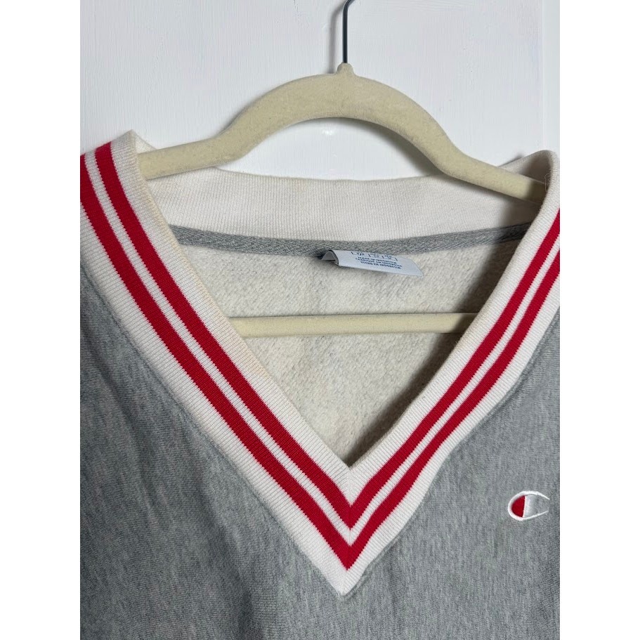 Champion Cropped V-Neck Oversized Sweatshirt College Prep Yarn Dye Stripe Small