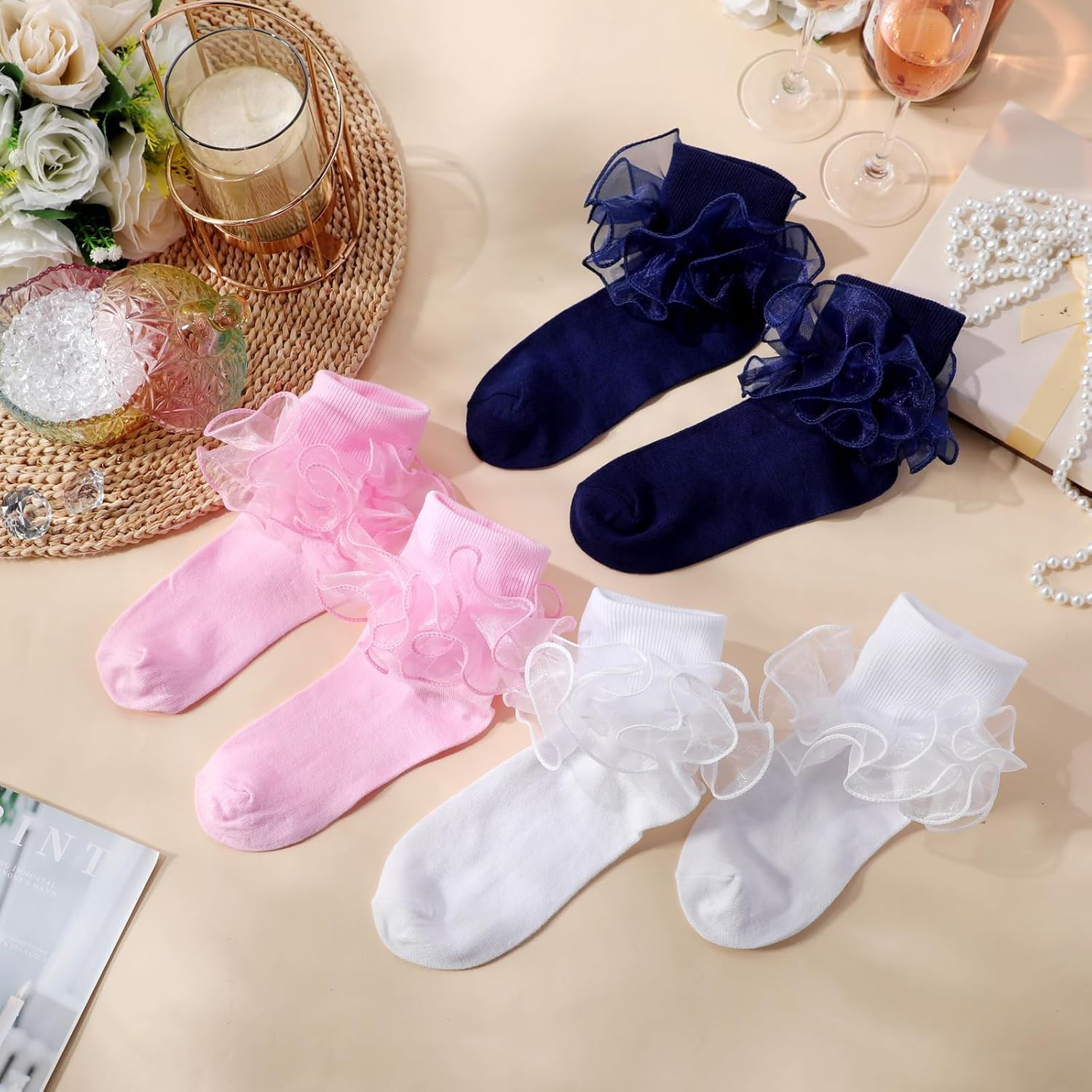 3 Pairs Women Big Ruffle Socks Turn Cuff, Double Lace Ankle Cotton Frilly Socks