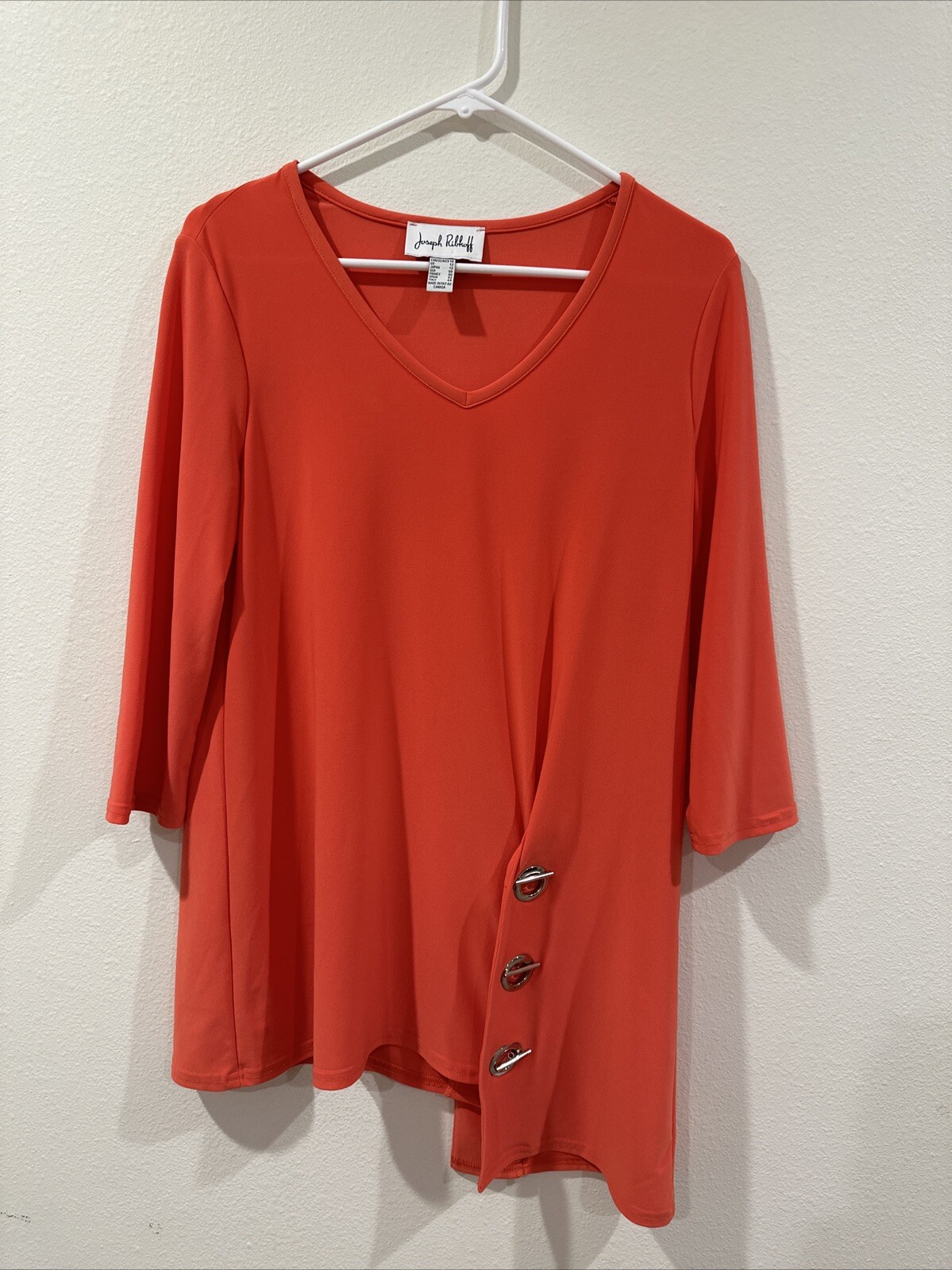 EUC Joseph Ribkoff Blouse Womens 10 Stretch V Neck Asymmetric Three Ring Detail
