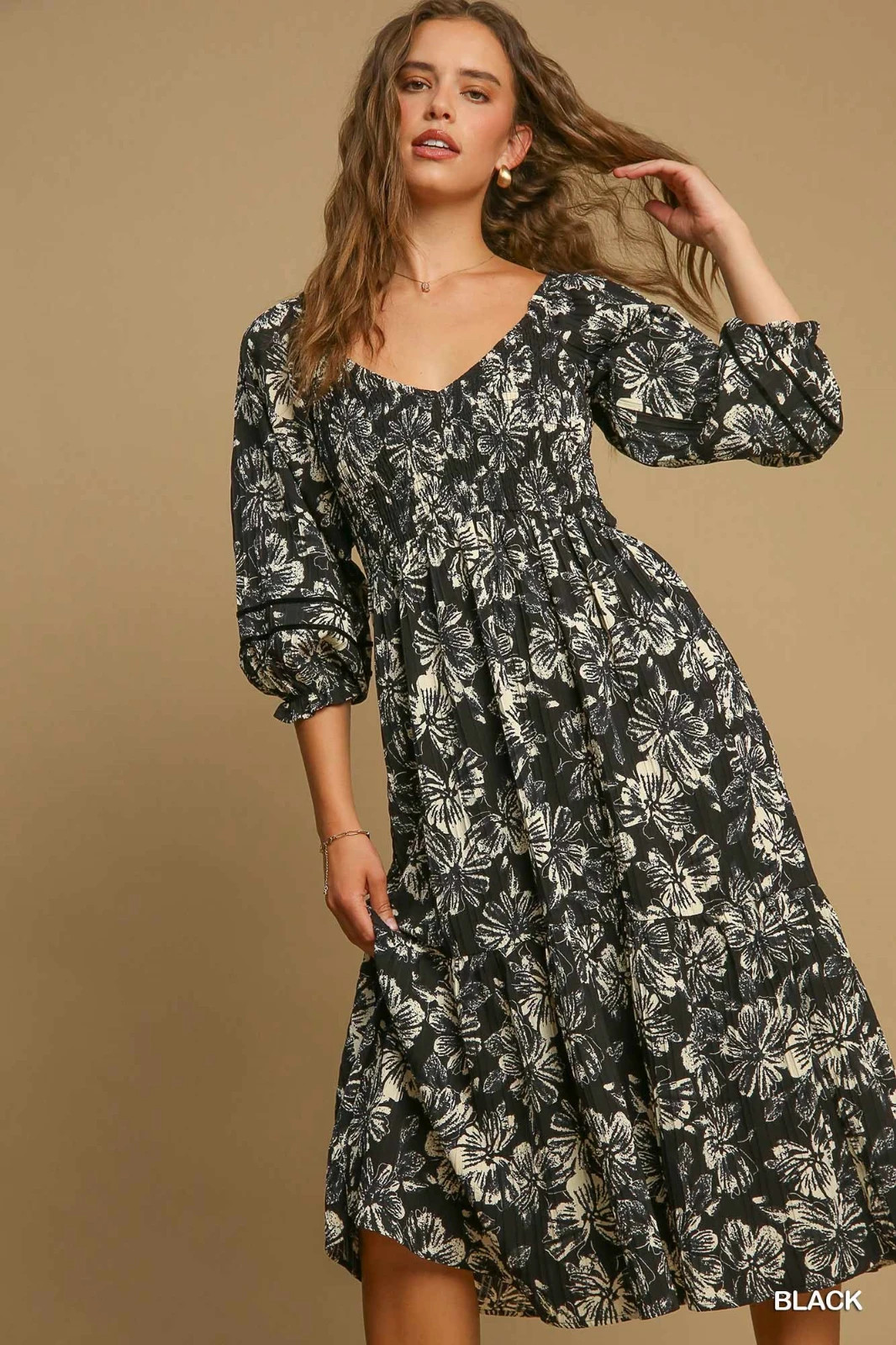 Umgee Black Two Tone Floral Smocked Top Midi Dress w/3/4 Puff Sleeves