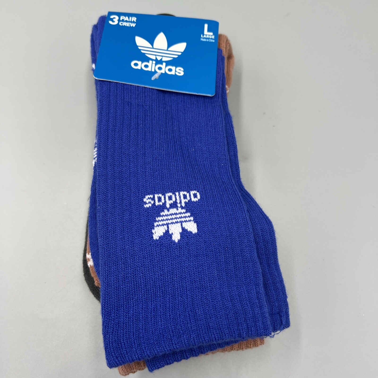 3 Pairs! Adidas Crew Socks, Blue, Grey, Brown. Sz Large, Mens 8-12, Womens 10-13