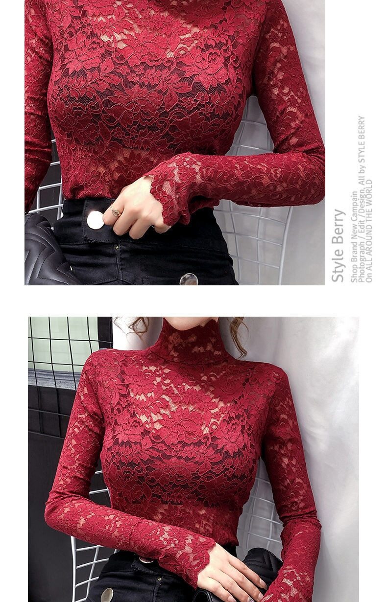 Half High Collar Lace Bottomed Blouse Mesh Hollow Out Long Sleeve Shirt Plush
