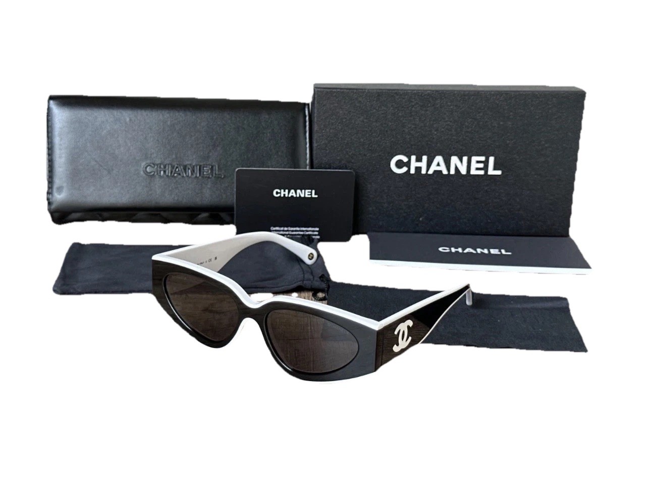 CHANEL SUNGLASSES BLACK WHITE FRAME CLASSIC 6056 CAT EYE WOMEN