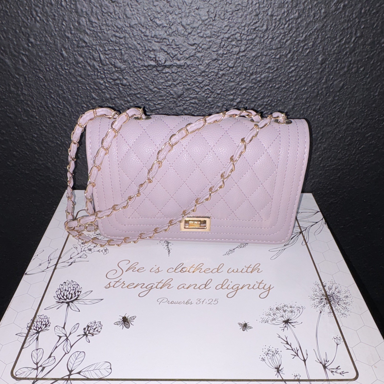 Lavender Quilted Shoulder Bag Gold Chain Strap Turn Lock Flap Lined Pockets
