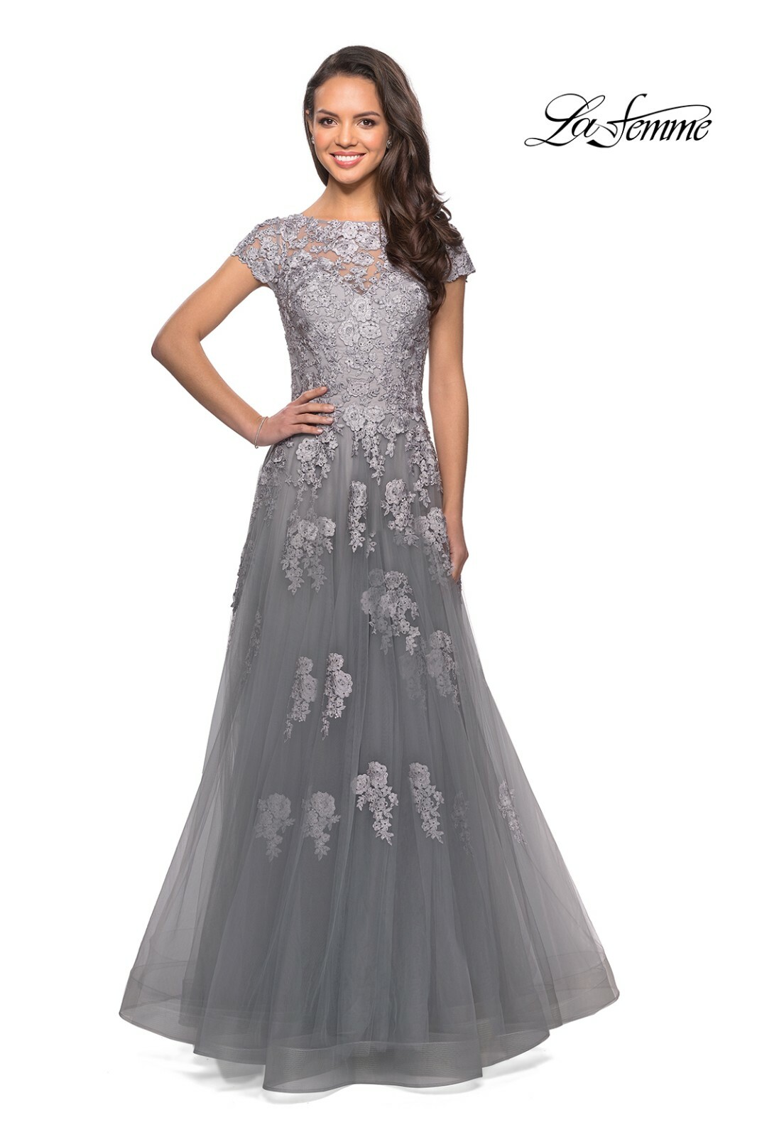 LA FEMME 26907 Silver Embellished Embroidered Rhinestone Mesh Maxi Gown Dress 14