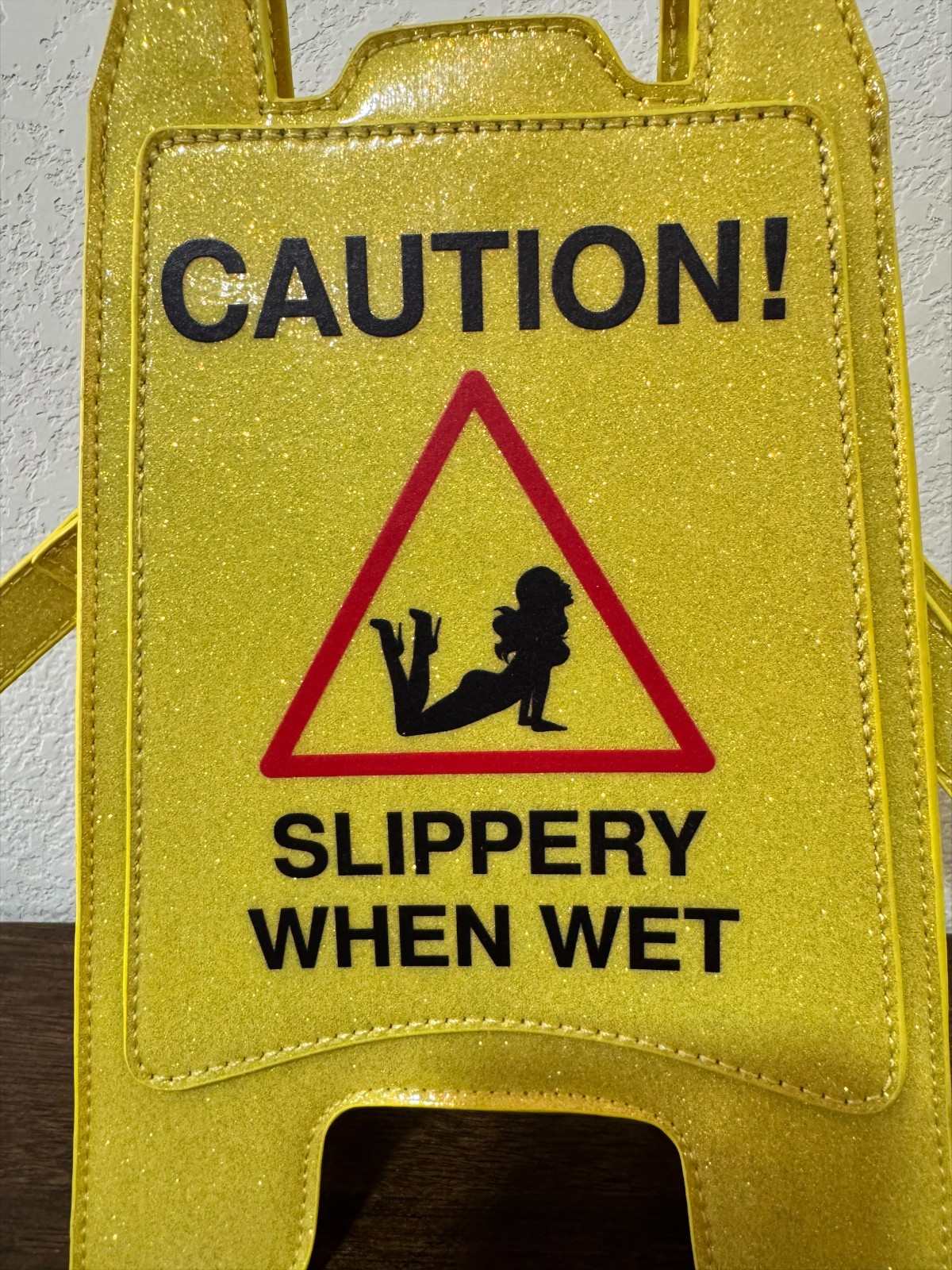 Dolls Kill Glitter Caution Slippery When Wet Crossbody Purse Yellow Novelty Bag