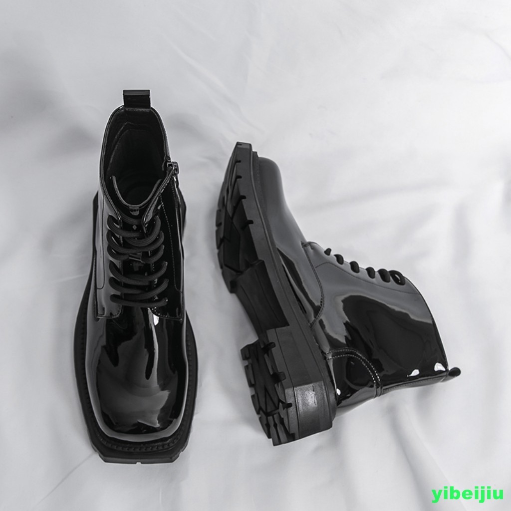 Mens Shiny Leather Dress Ankle Short Boots Platform Wide Shoes Motorcycle Gothic