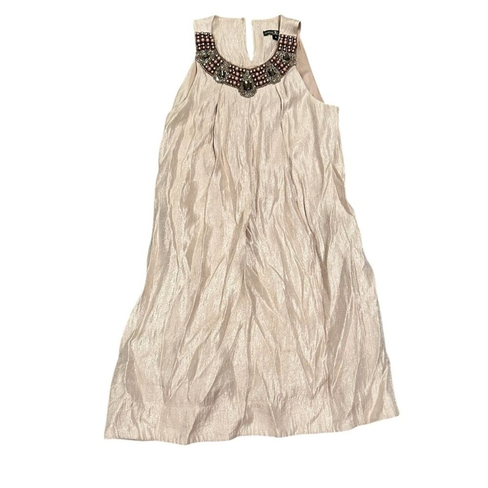 Alexia Admor Jewelled Neck Hammered Satin Trapeze Sleeveless Mini Dress Cream S