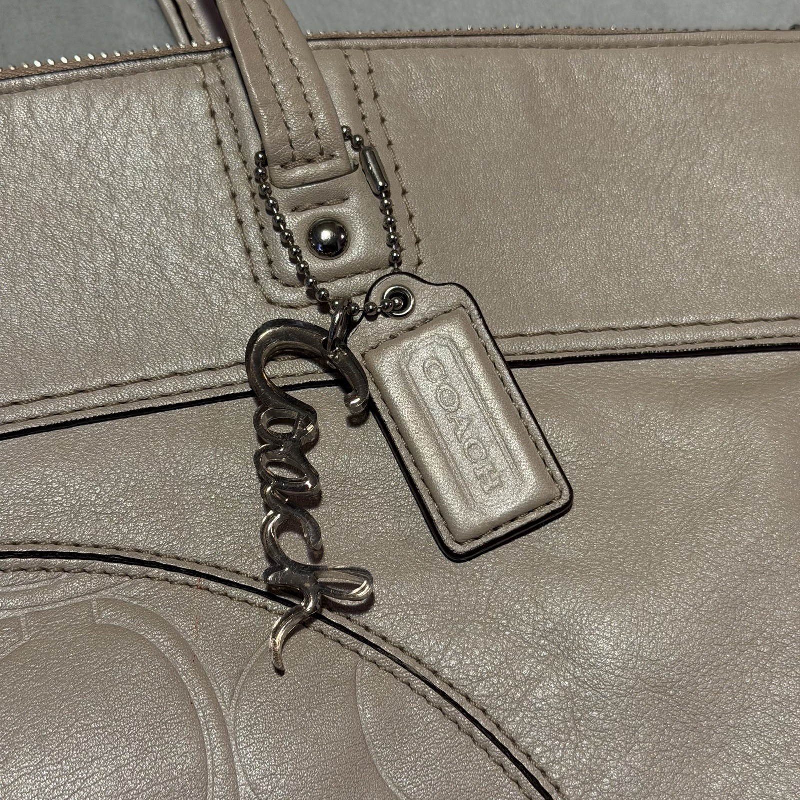 Coach Laura Signature Embossed Leather Tote Bag Taupe Gray Purse Handbag F18336
