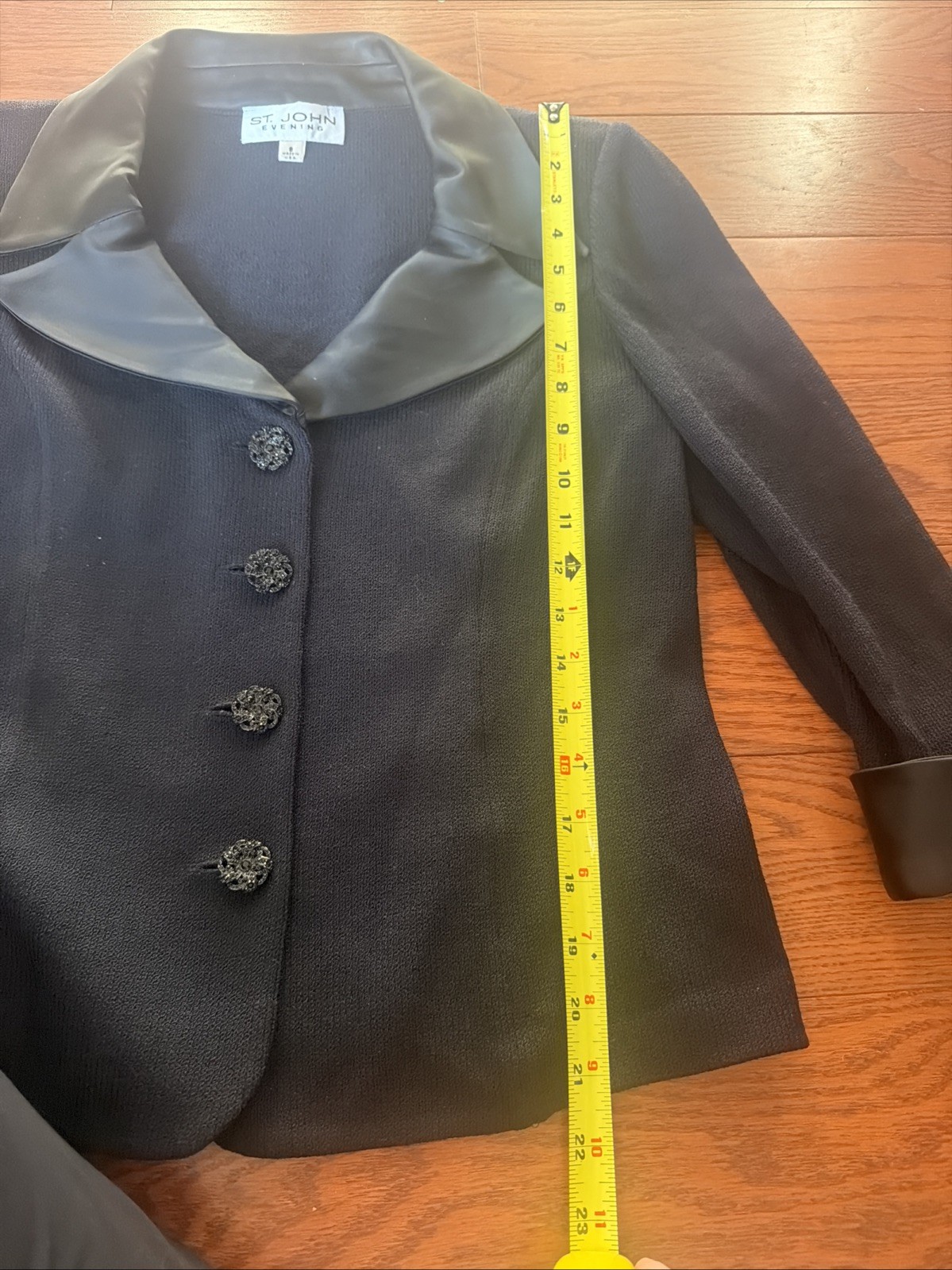 St John Evening Jacket 8 Black Satin Collar Cuffs Jewel Dressy Santana Knit