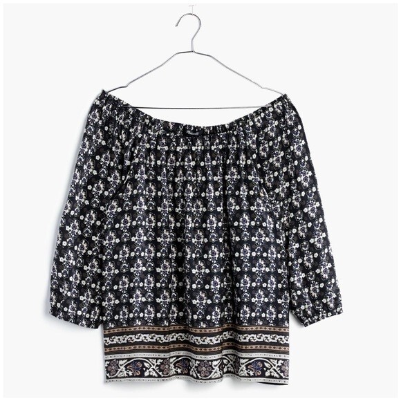 MADEWELL Top Silk Off the Shoulder 70s Floral Print Blouse Shirt 3/4 Sleeve XS