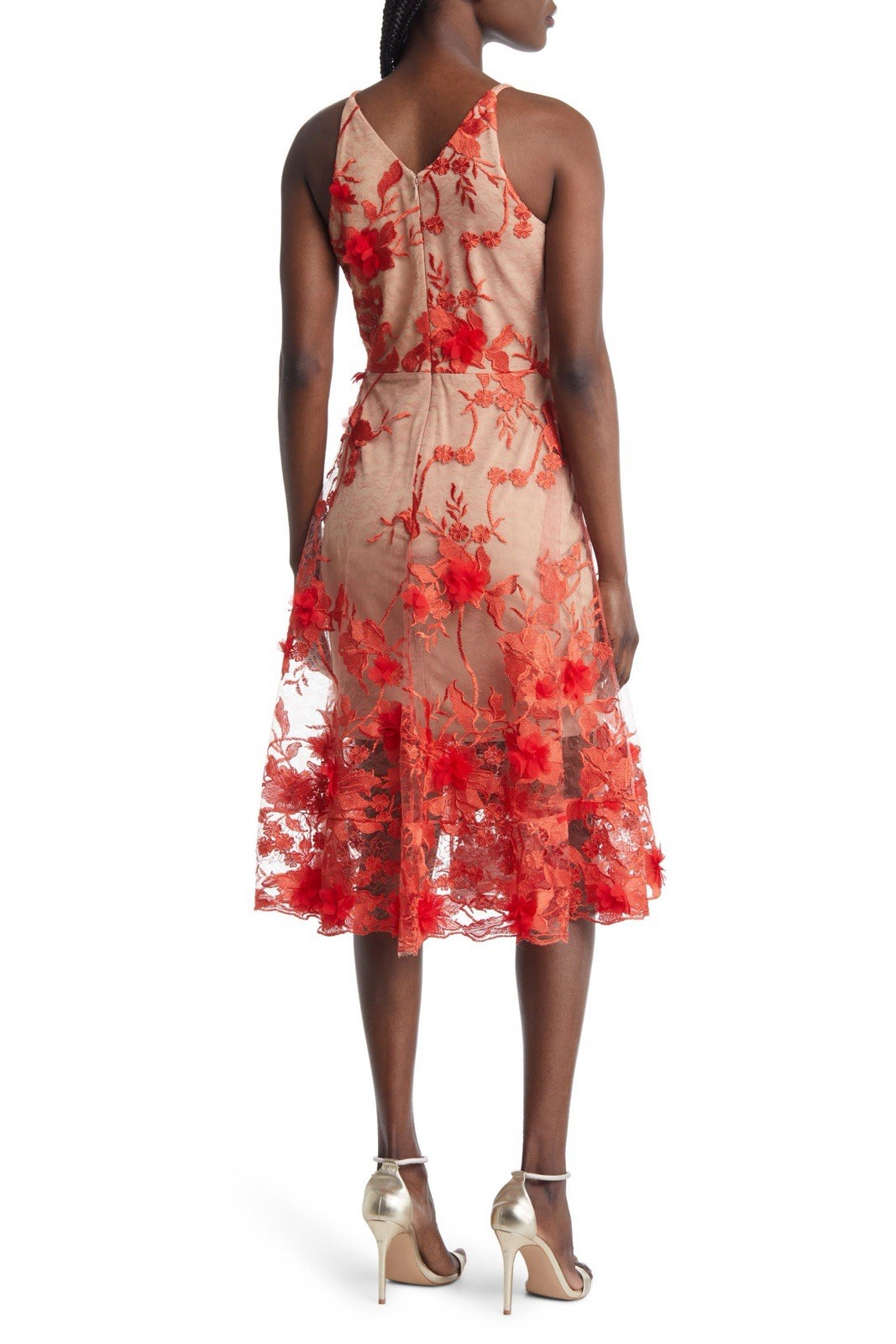 Dress the Population Audrey Red/Beige Floral Embroidered V-Neck Midi Dress S NWT
