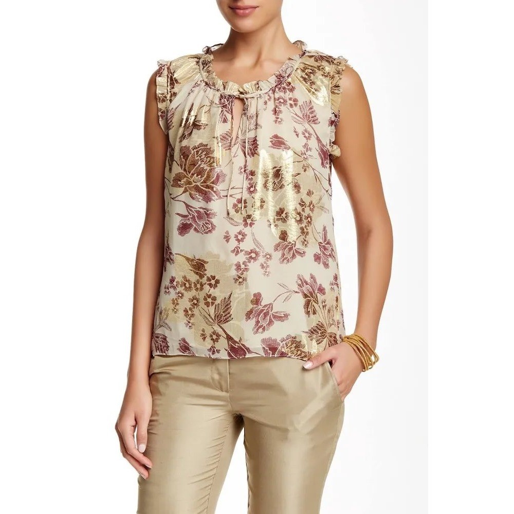 Diane von Furstenberg DVF Rebekah Silk Metallic Floral Blouse Raisin Calico 6