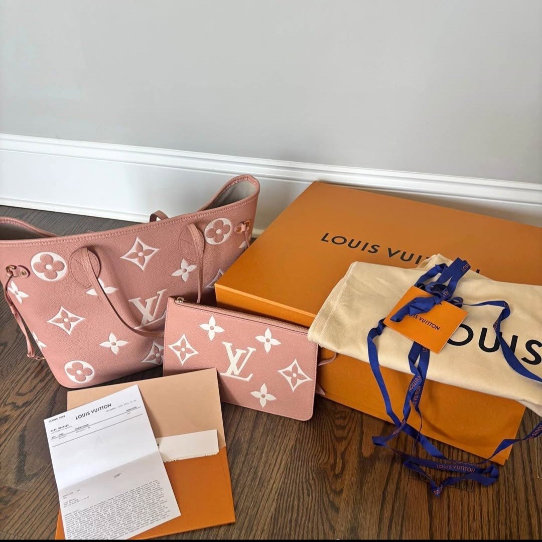 Louis Vuitton Neverfull MM Pink Empreinte Monogram Tote w/ Pouch Gold Hardware