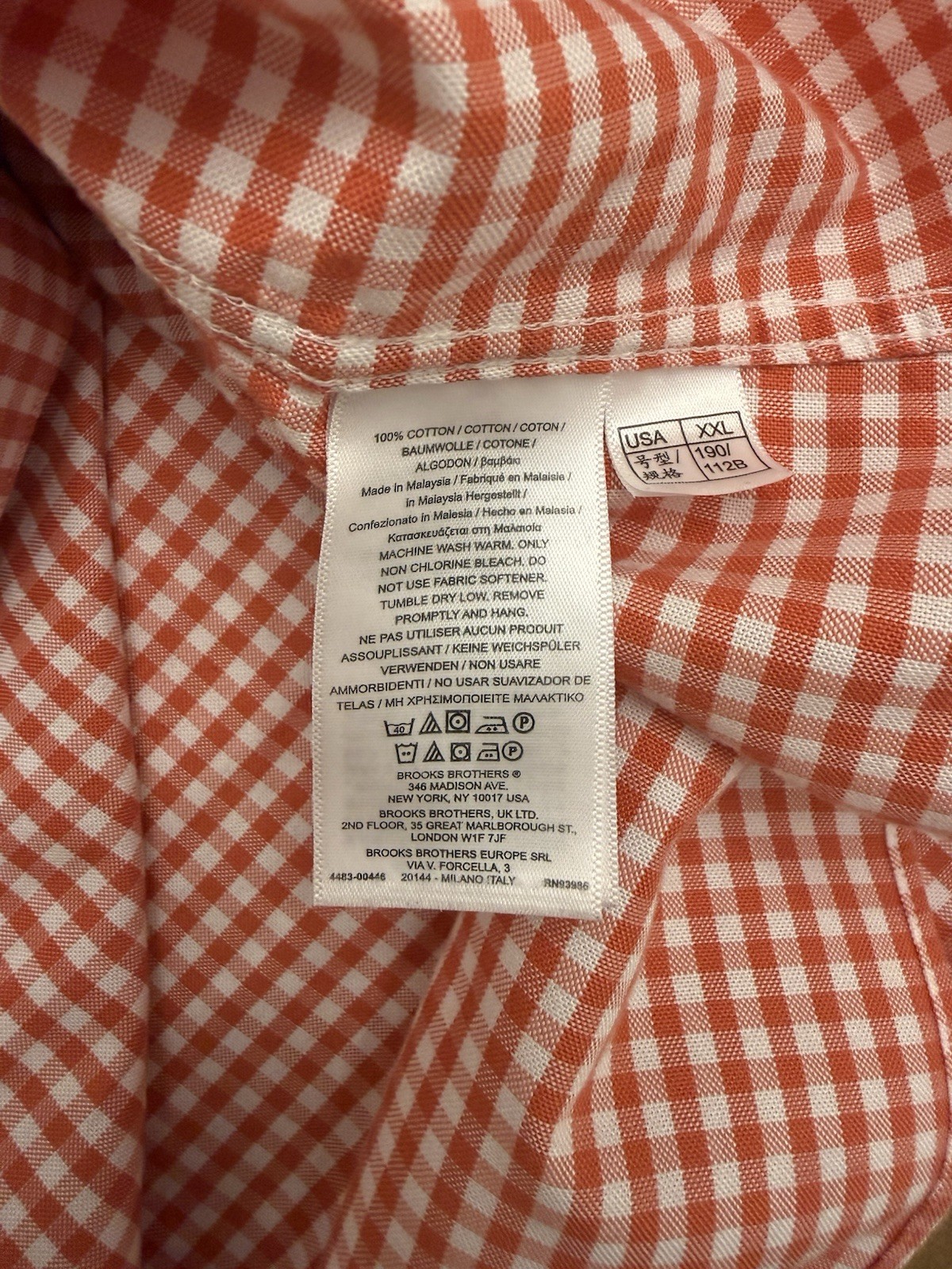 Brooks Brothers Orange White Regent Fit Gingham Button Down Shirt Men’s XXL