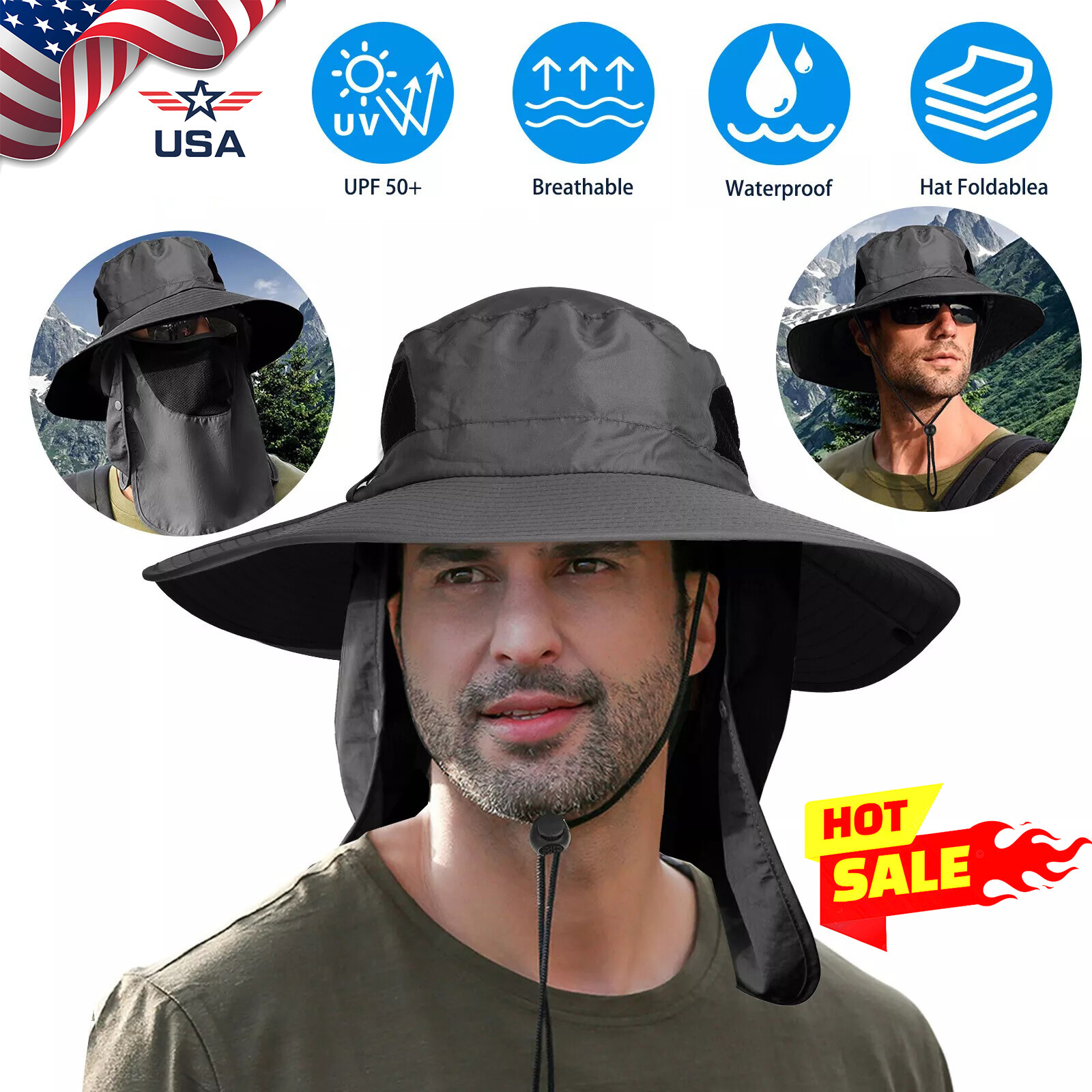 Wide Brim Sun Hat with Neck Flap UV Protection Hiking Fishing Cap for Men Women