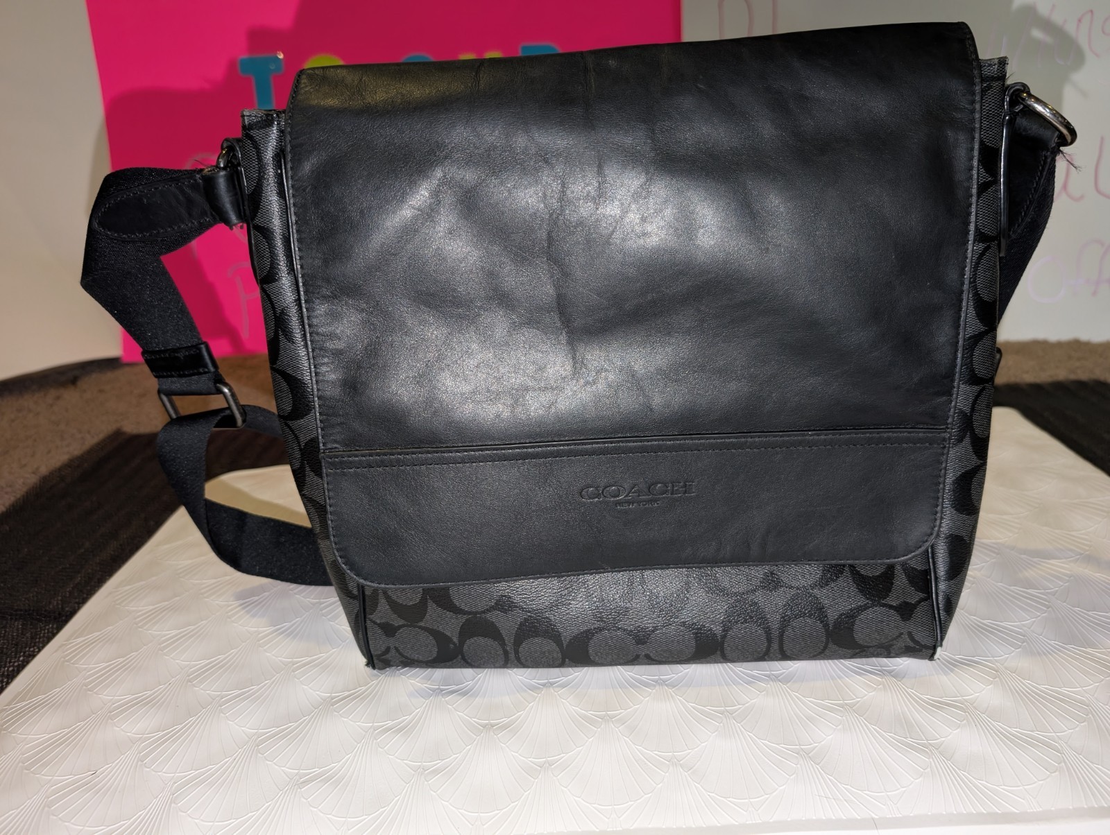 Coach Signature Monogram Messenger Crossbody Bag Black/Gray Magnetic Strap
