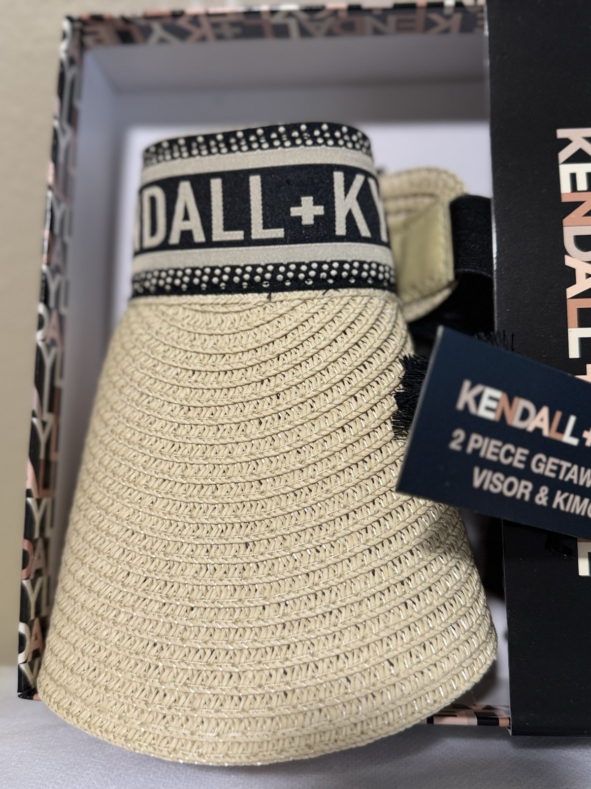 Kendall + Kylie Roll Up Straw Visor Logo Band Beige/Black One Size Women