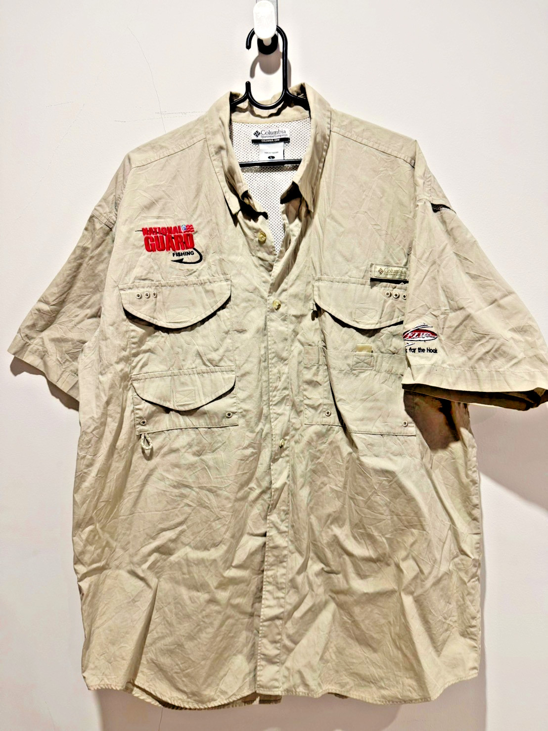 Columbia PFG Bonehead FLW National Guard Fishing Shirt Beige L made in Thailand