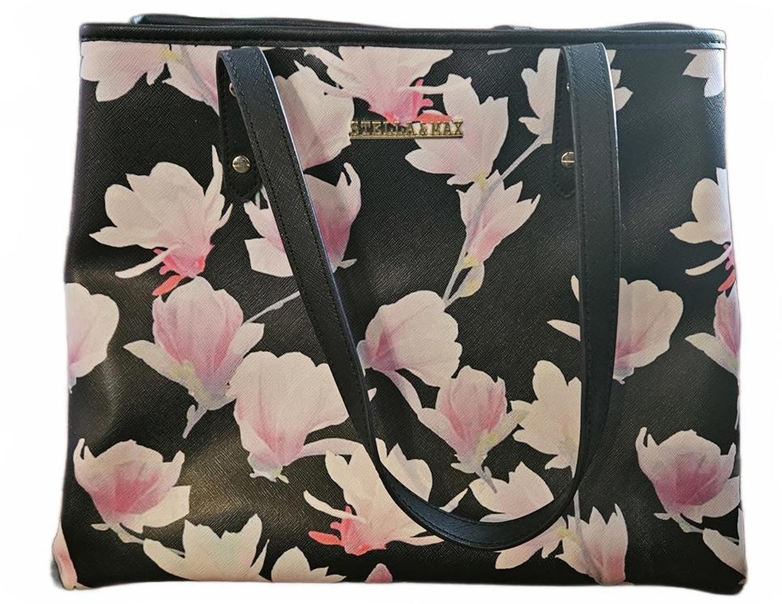 Stella & Max Tulip Tree Black Floral Print Large Leather Tote Hand Bag