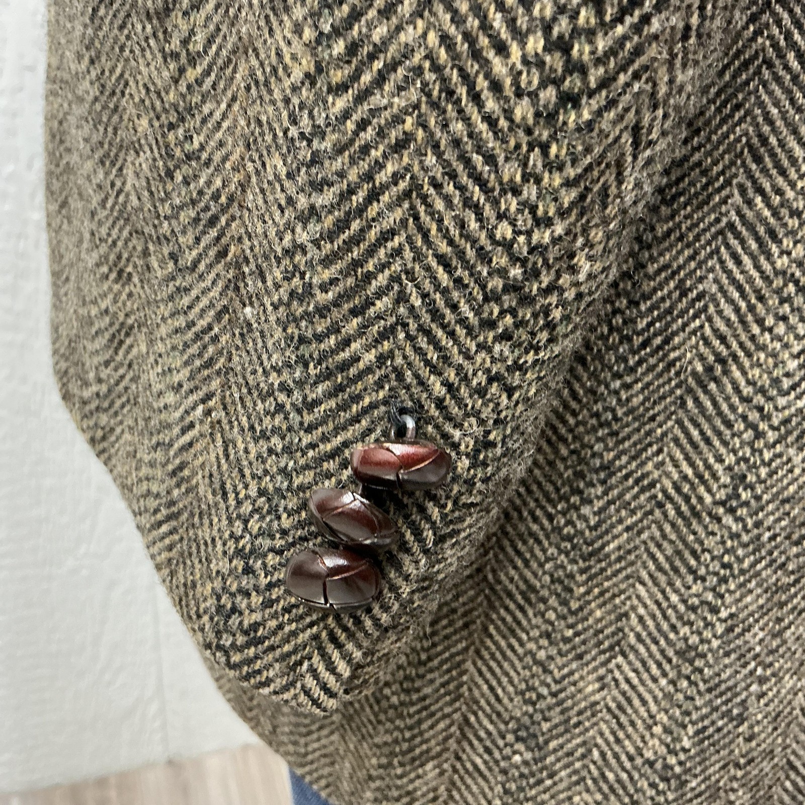 Deansgate Blazer Mens 48L Brown Herringbone Tweed Wool Sport Coat jacket Leather