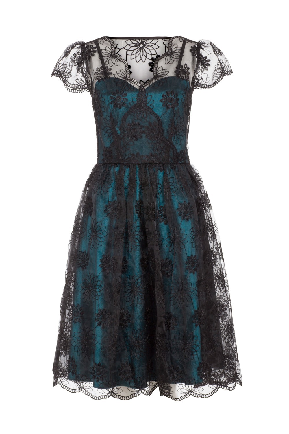 VOODOO VIXEN RETRO PIN UP 50s MAY TEAL LACE OVERLAY TAFFETA BLUE DRESS DRA8085