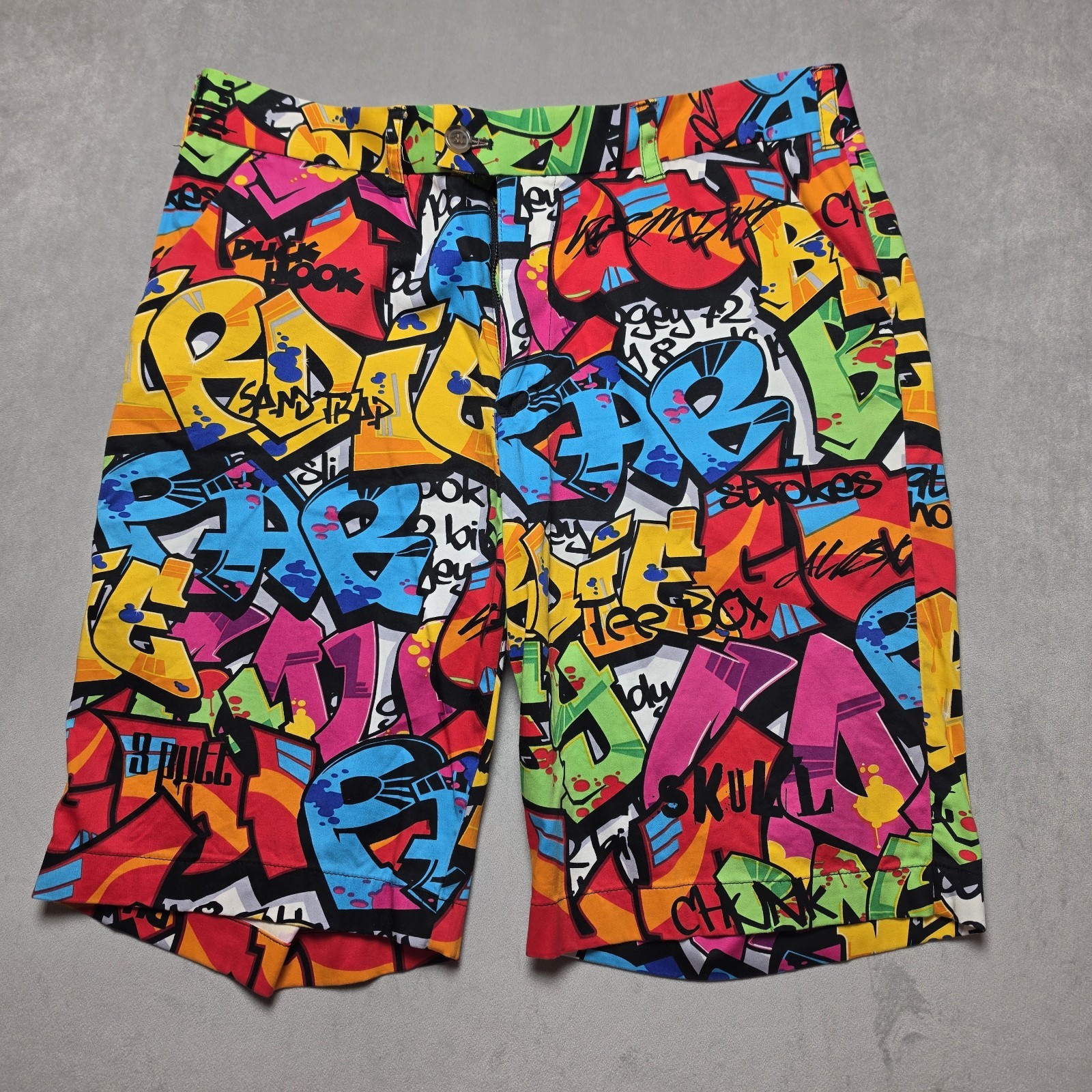 Loudmouth Mens 34 Golf Shorts Multicolor Graffiti Print Lettering Chino Stretch
