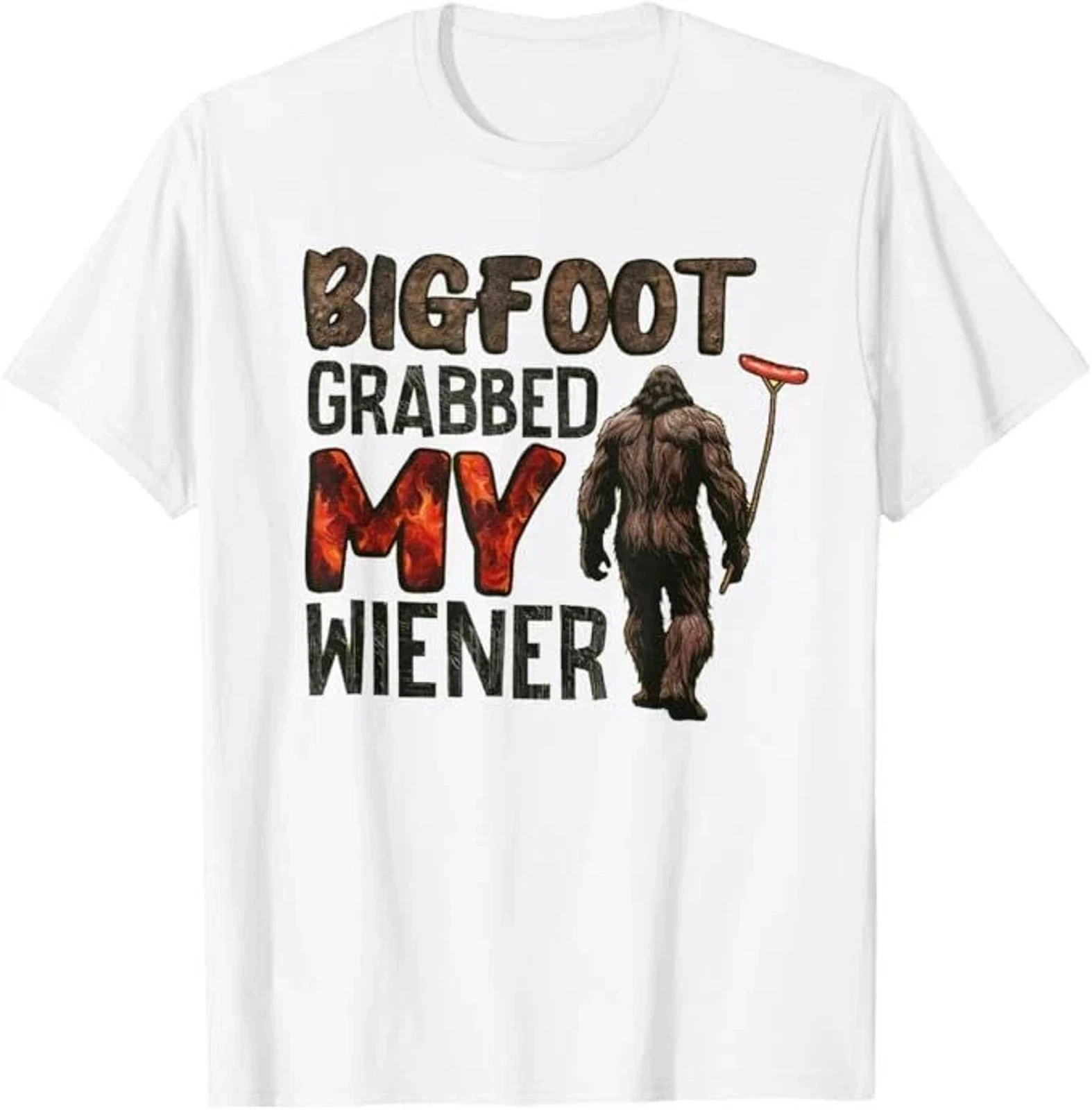 Funny Retro Bigfoot Grabbed My Wiener Graphic Tee Mens Cotton