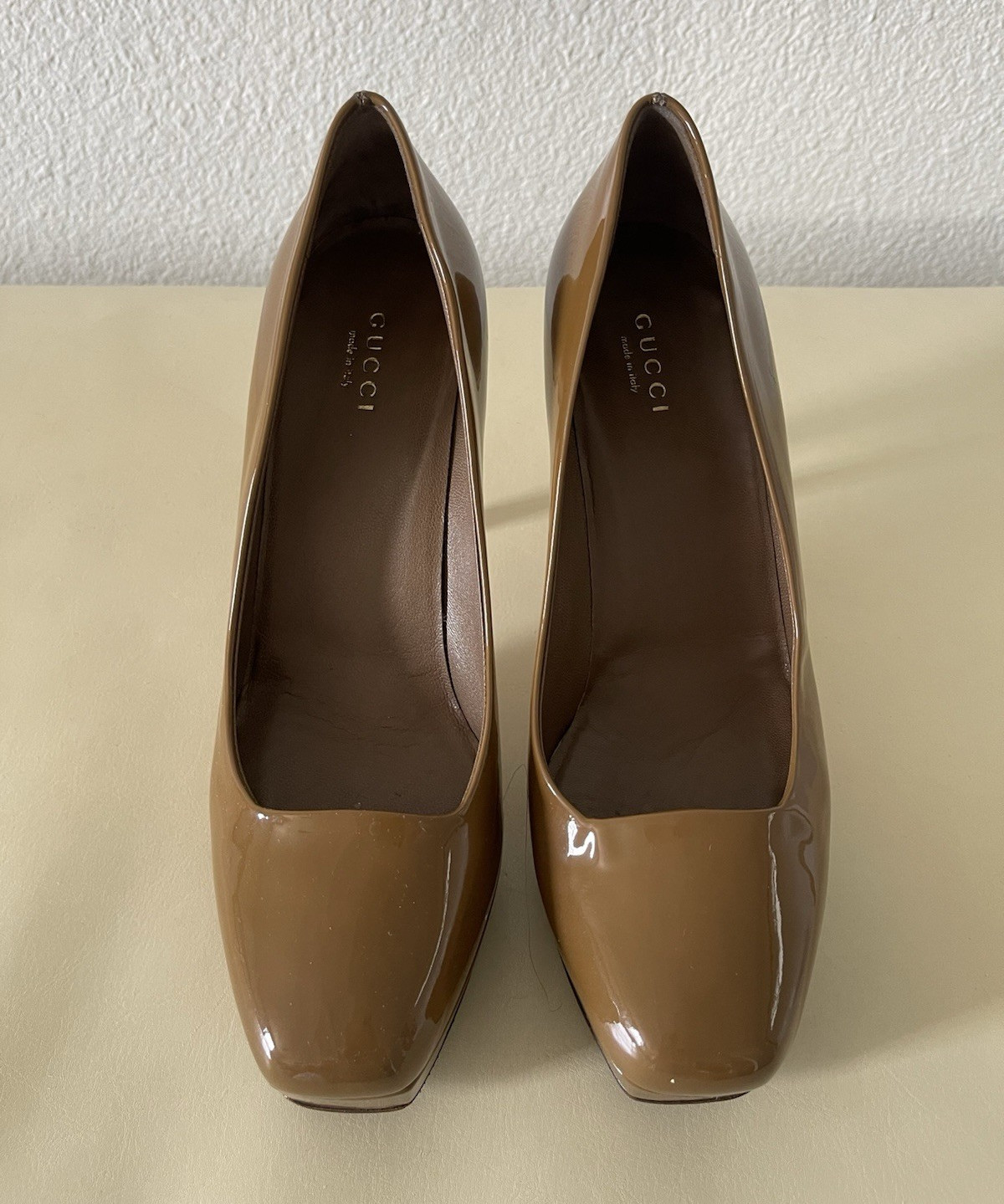 Gucci Women’s Brown Patent Leather Square Toe Slip On Pump Heels US 6.5