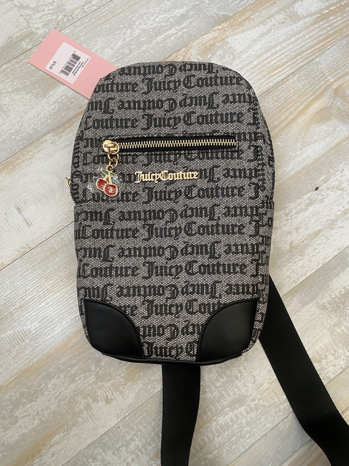 NWT Juicy Couture Status Black Beige Juicy Fruit Sling Bag Cherry Charm