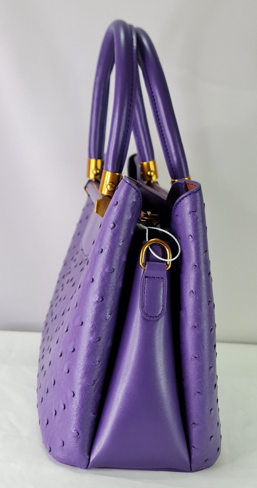 Purple Ostrich Embossed Cow Leather Satchel Top Handle Crossbody Bag Gold Zip