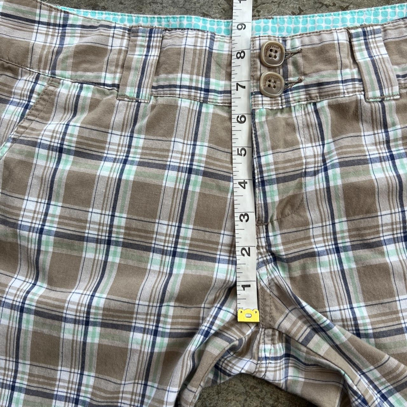Roxy Y2K Plaid Bermuda Shorts Women Size 11 Brown Mint Green Long Skater Surf
