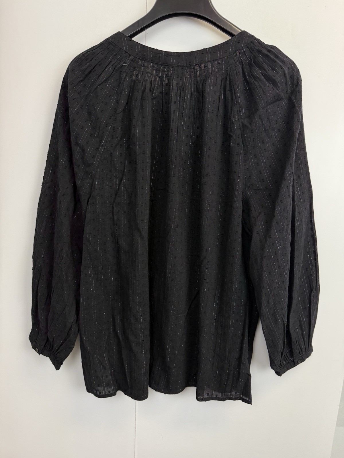 Old Navy Black Bohemian Tie-Neck Boho Blouse Womens L Silver Thread Button Cuff