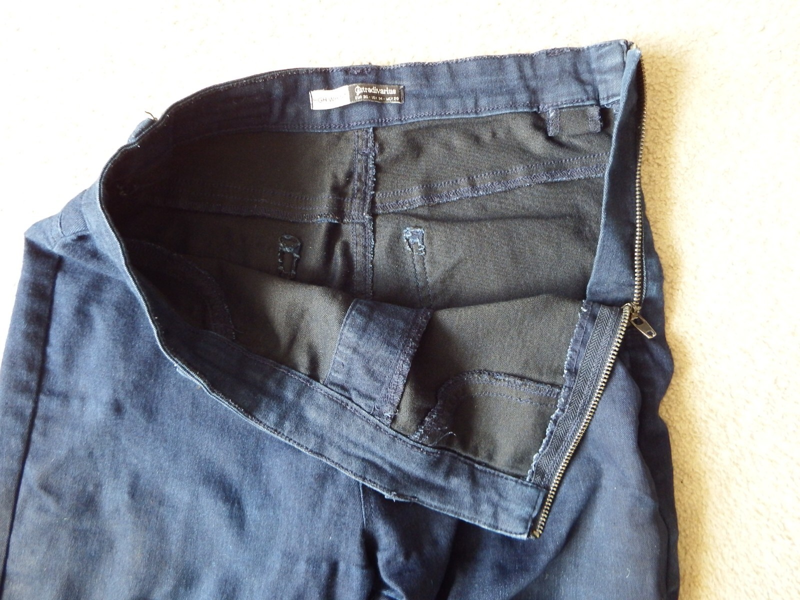 Stradivarius Dark Blue High Waist Stretch Side Zip Denim Jeans Size Eur 36