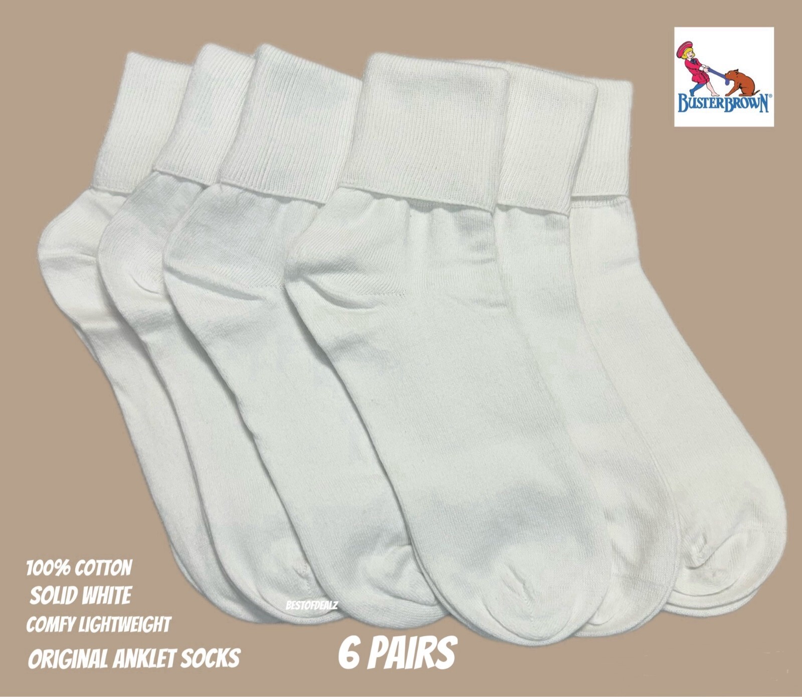 Buster Brown Womens 100% Cotton Fold Over Cuff Ankle Bobby Socks – 6 Pairs