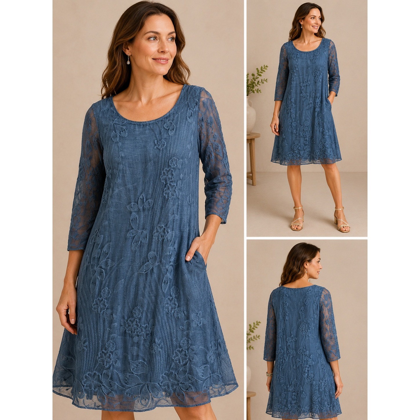 Soft Surroundings Blue Silk Floral Embroidered 3/4 Sleeve Lined Dress XS 2EY63