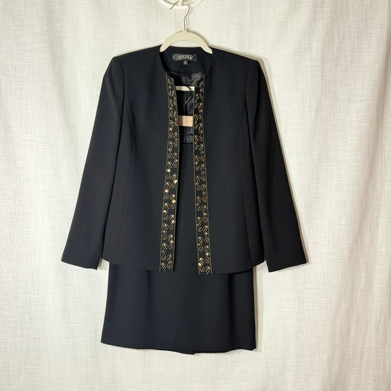 Kasper Petite 2P Black Beaded Trim Skirt Suit Office Core Formal Set